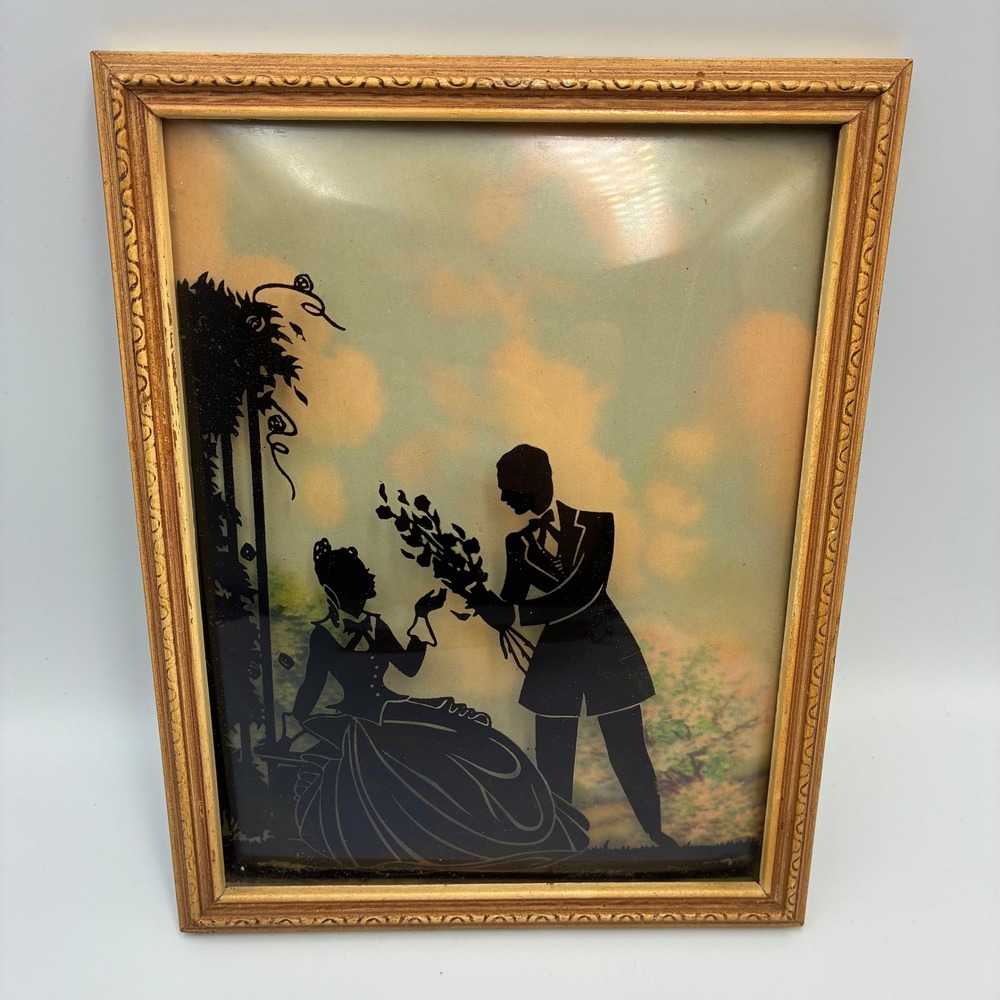 Vintage Reverse Glass Silhouette Painting Romantic Garden Scene Gold Wood Frame